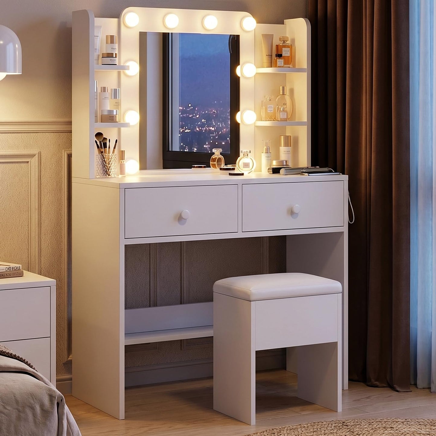 FUXA Makeup Vanity Desk with LED Mirror and Charging Station, Vanity Table Set with Storage Drawers, Shelves and Chair, Dressing Table with 3 Lighting Modes for Bedroom, White