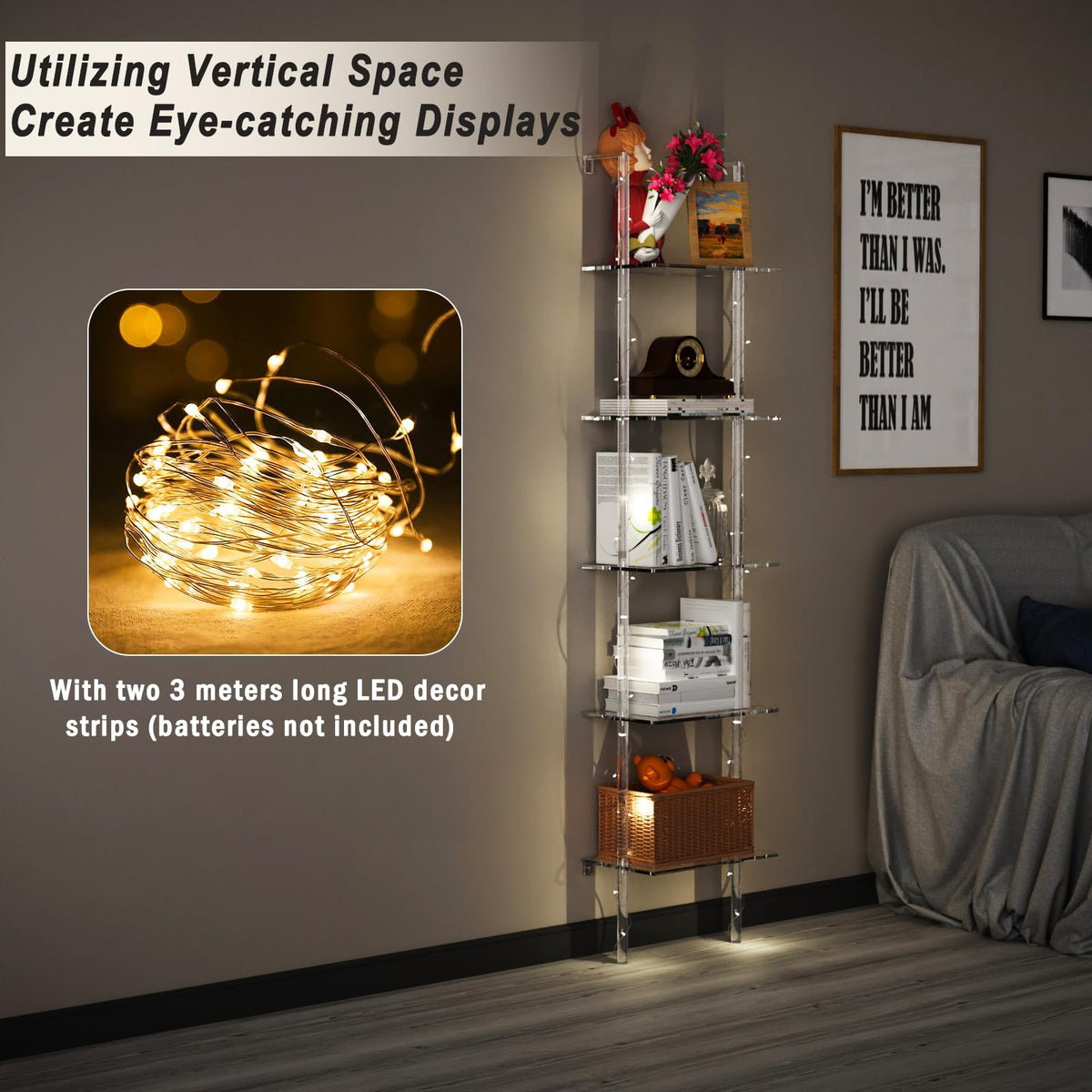 Nynelly 5-Tier Acrylic Ladder Bookshelf, Wall Mounted Narrow Display Shelf for Small Spaces, Clear Organizer Bookcase for Living Room, Bathroom, Office, Multipurpose Open Shelf Unit