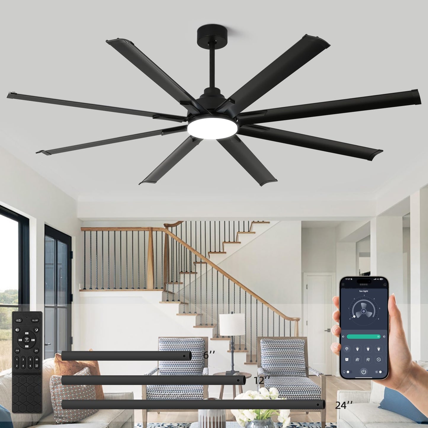 Rienaza 72 Inch Ceiling Fans With Lights And Remote Control,Large Ceiling Fan With 8 Aluminum Blades, 3Cct, 6-Speed,Black Commer