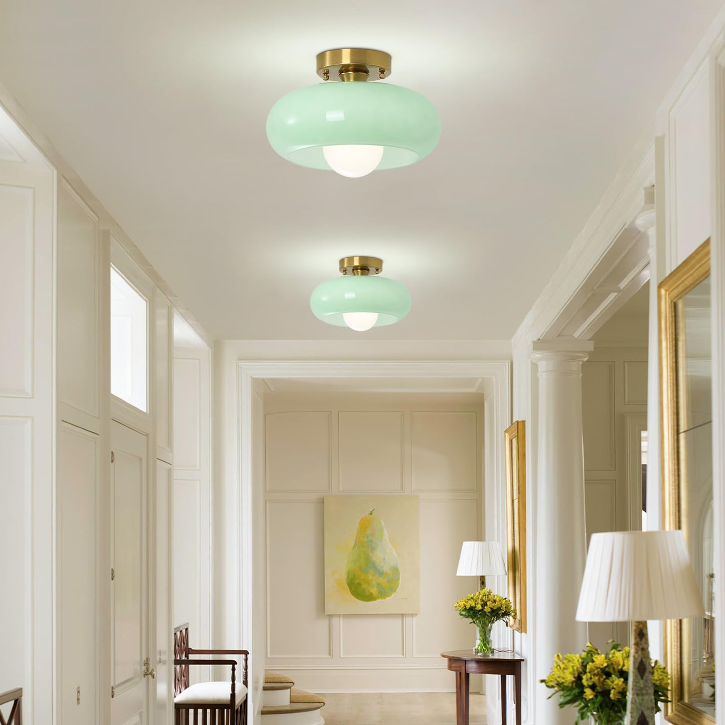 Yunnix Flush Mount Ceiling Light Hallway Light Fixtures Glass Light for Bedroom Kitchen Dining Room Hallway Globe Gold Base Light Green 11.02 inch