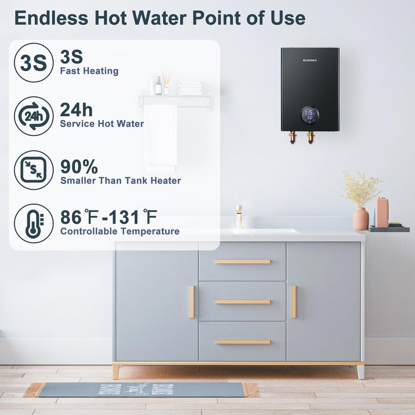 27kW Tankless Water Heater Electric, ECOTOUCH 240V On Demand Instant Hot Water Heater with Self-Modulating, Up to 6.5GPM for 2-3 Bathrooms, ETL Certified
