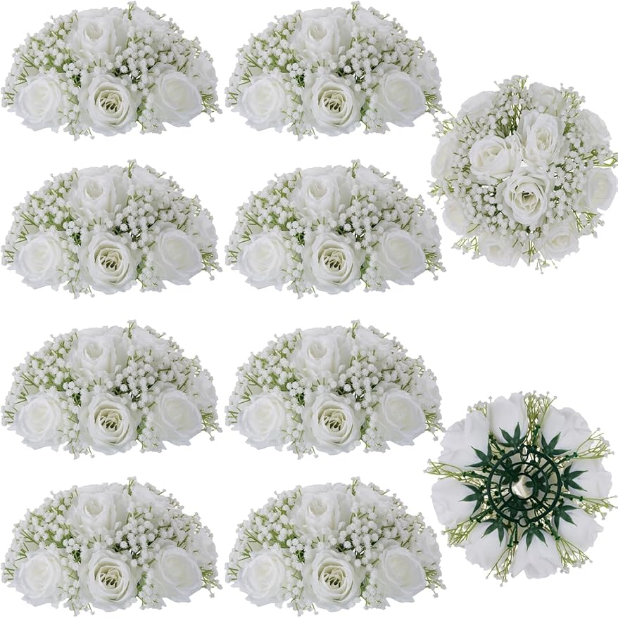 BLOSMON Babys Breath Artificial Flowers: 10 Pcs White Rose Baby Breath Ball Centerpieces for Wedding Table - Fake Silk Kis...