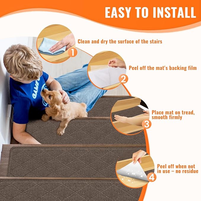 Stair Treads Non-Slip for Wooden Steps, 7Pack - 8" x 30" Edging Stair Runner Indoor for Kids Elders & Pets, Washable Carpet Stair Treads with Peel & Stick Reusable TPE Backing, Brown