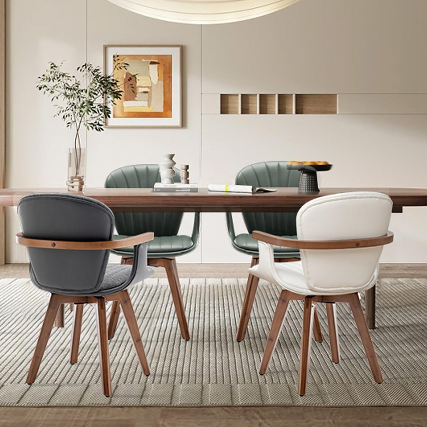 LUNLING Swivel Dining Room Chairs Set of 2, Mid Century Modern Green Faux Leather Kitchen Chairs with Arms,Bamboo Legs Side Chairs No Wheels,Accent Chair for Dining Rooms and Offices