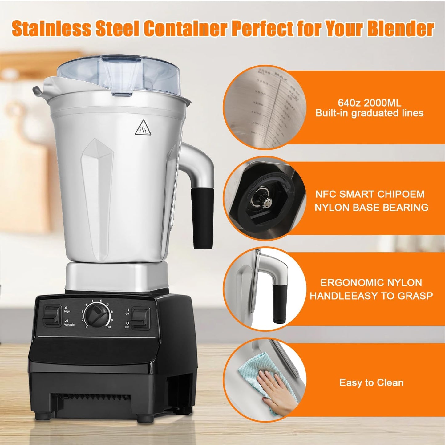 64oz Stainless Steel Container for Vitamix Blenders, Stainless Steel Blender Pitcher Compatible With Vitamix 5200 5000 6300 Vm0103 Vm0197 E310 A2500 Explorian Commercial Ascent etc Series