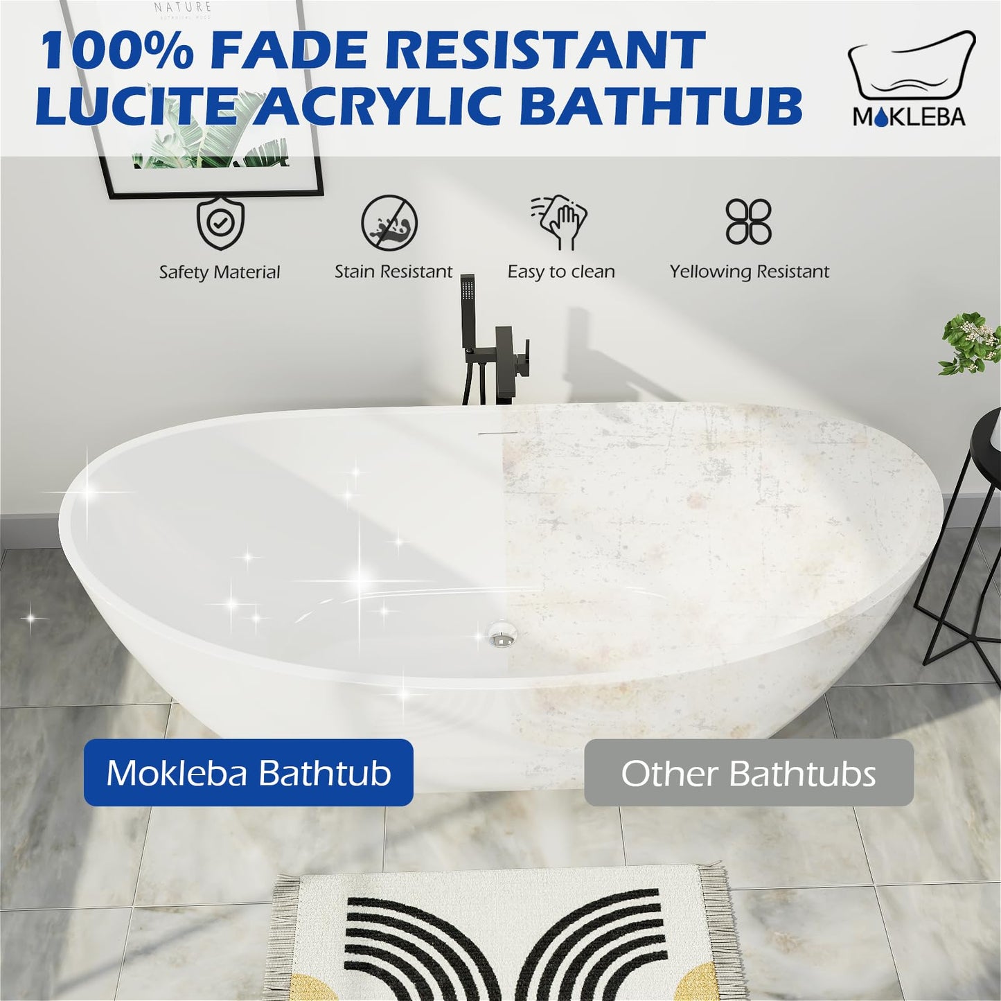 Mokleba 67" Lucite Acrylic Freestanding Bathtub, Double Slipper Shape Contemporary Soaking Tub with Toe-tap Chrome Drain, Slotted Overflow, cUPC Certified, Glossy White