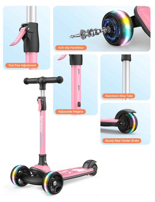 besrey Kick Scooter for Kids Ages 3-10, 3-Wheel Folding Scooter with Adjustable Height, LED Light Wheels, Extra Wide Deck for Outdoor Activities