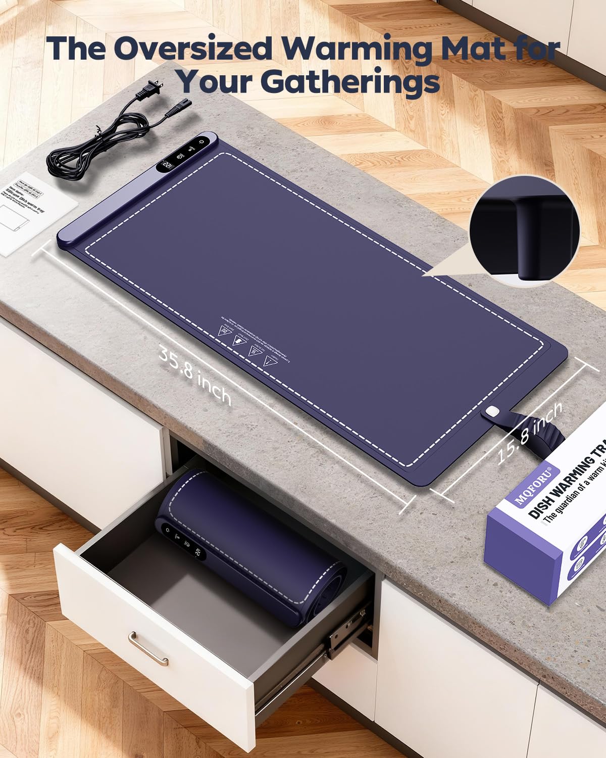 Extra Large Food Warming Mat for Buffet,5s Full Surface Heating,Electric Warming Tray with 3m Power Cord,Roll Up Warming mat for Food,6 Level Adjustable TEM&6H Timer,Auto-Off (Blue, 35.8"×15.8"×0.9")