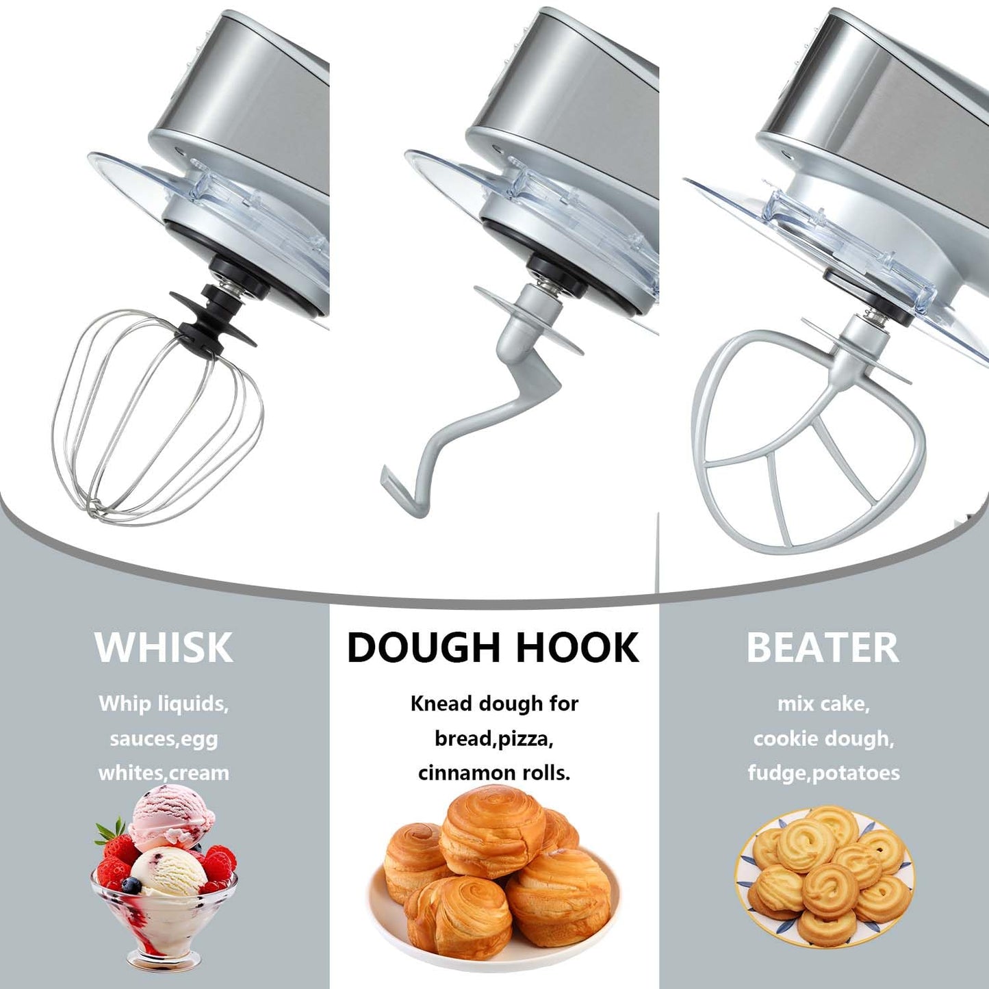 SeaSpark Multifunctional Stand Mixer, 6 in 1 Stand Mixer, 6.3Qt Tilt-head, Standing Mixer with Stainless Steel Bowl, Meat Grinder, Juice Blender, for professional Baking and Most Home Cooks, Silver