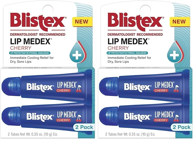 Blistex Cherry Lip Medex, 2 Count, 0.35 oz Each, Advanced Hydration, Medicated Relief with Cooling, Soothes and Protects, Restores Healthy Moisture Balance to Lips, 2 Pack