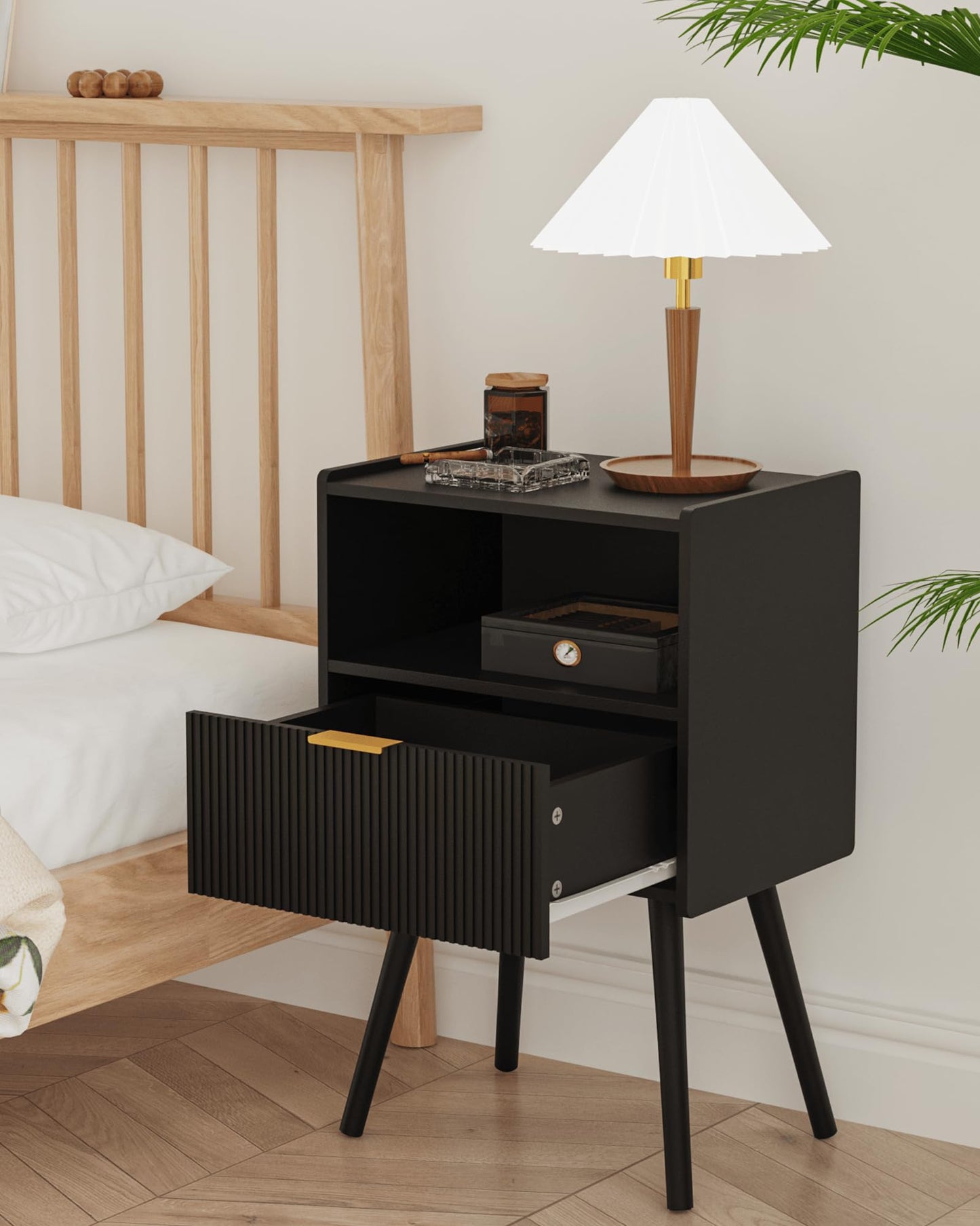 Veegle Nightstand,Modern Bedside Table with Storage Drawer and Open Wood Shelf, Accent Night Stand with Solid Wood Legs for Living Room, Bedroom and Small Spaces,Easy Assembly (Black)
