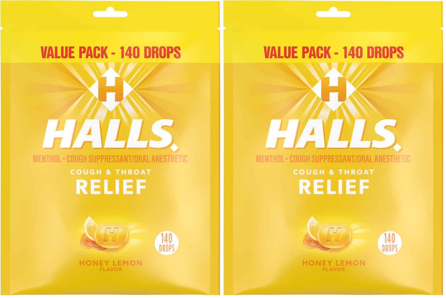 Halls Relief Honey Lemon Cough Drops, Value Pack, 140 Drops (Pack of 2)