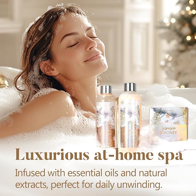 Gift Baskets for Women, Body & Earth Gift Set with Jasmine & Honey Scent Includes Bubble Bath, Hand Cream, Holiday Gift Baskets, Bath and Body Gift Sets for Women, Happy New Year Gifts