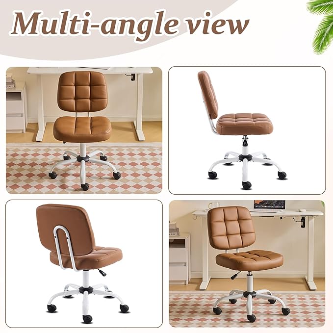 VINGLI Compact Small Desk Chair, Cute Armless Chair with Wheels, Vanity Chair with Low Back, Height Adjustable Task Chair for Small Spaces, Office, Bedroom, Make Up Room, PU Leather, Brown