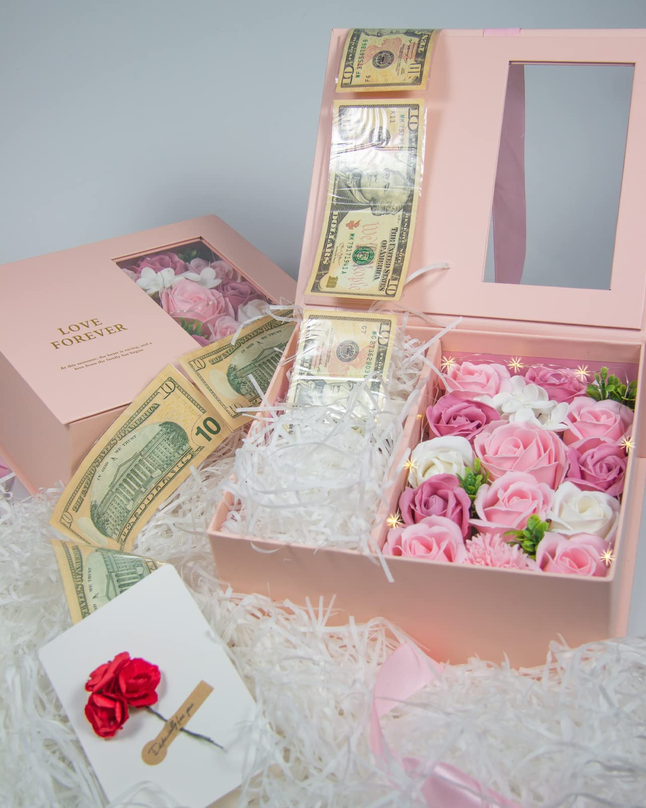 SDALU Money Pull Box for Cash Gift - Luxury Money Pull Out Flower Gift Box with Lid Flower and Ribbon, Unique Birthday Gift Box for Wife, Girlfriend, Mother, Friend