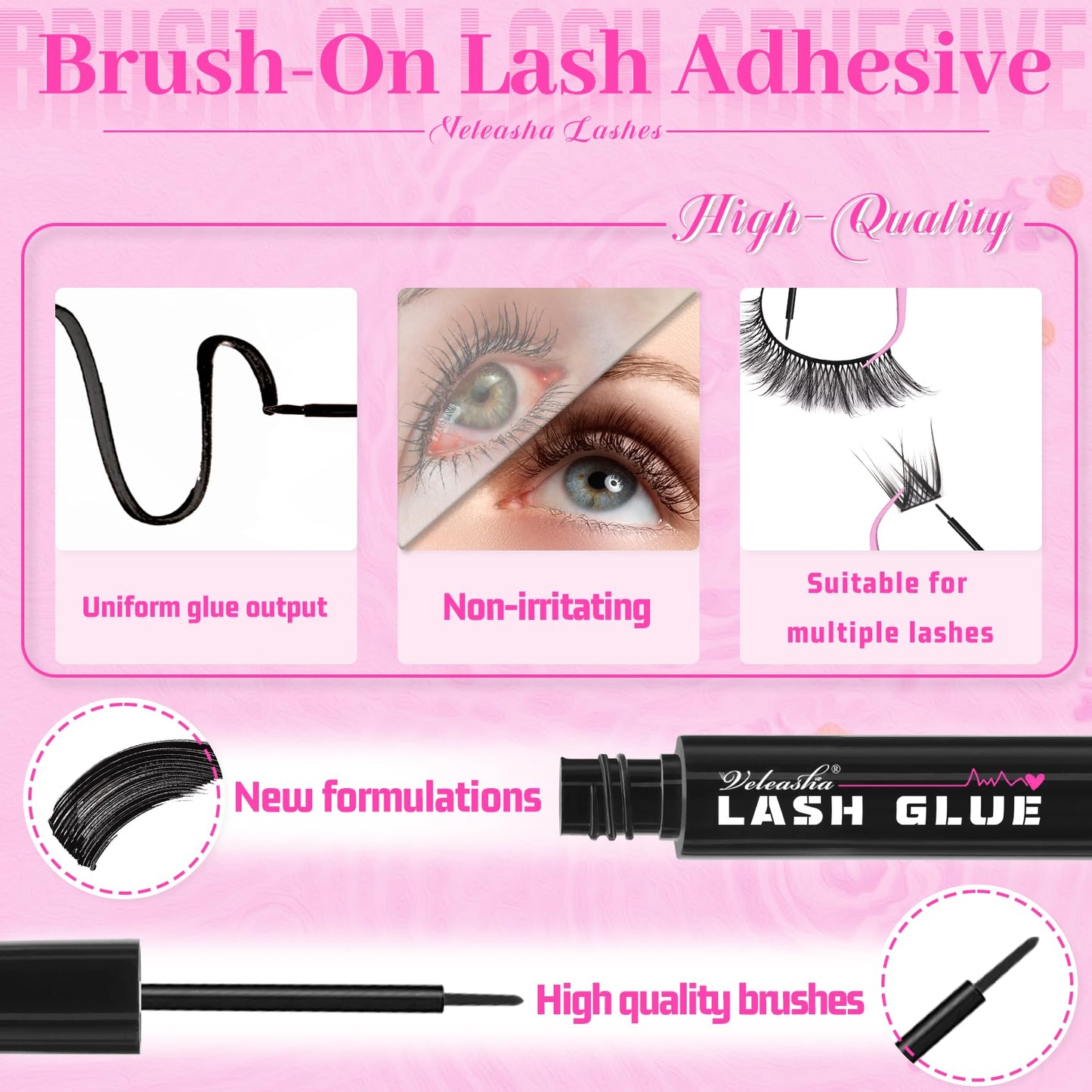 Veleasha Lash Glue Waterproof Fast Drying Eyelash Bond for False Eyelashes Long Lasting Non-Irritating Lash Adhesive with Brush