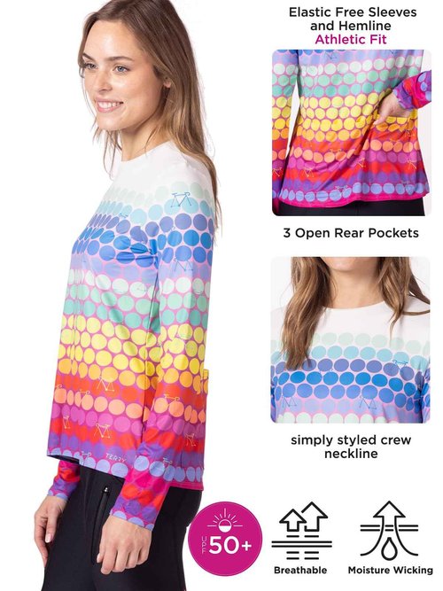 Terry Cycling Jersey Women Soleil Long Sleeve Bike Top for Women, Fitted Rash Guard Hiking Outdoor UPF 50+ Sun Shirt - Rainbow Dots, X Large