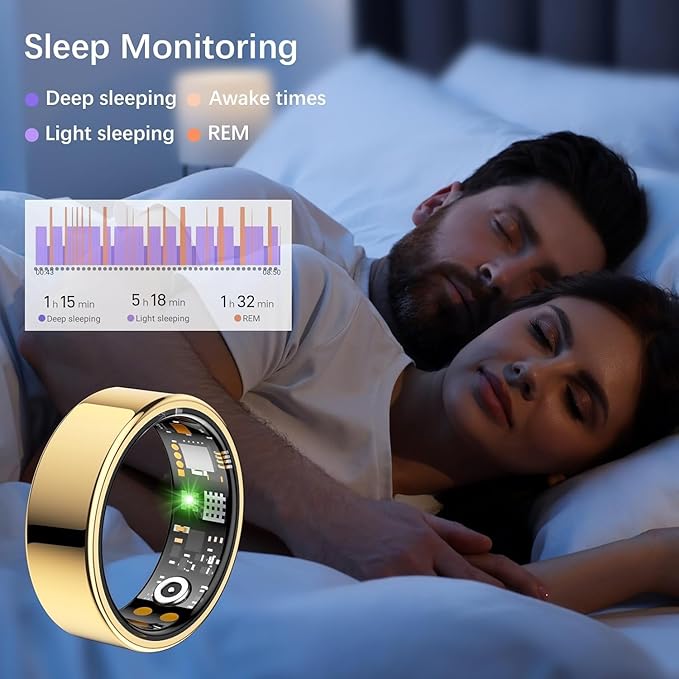 Smart Health Ring for Women Men, Fitness Tracker Ring with Heart Rate, Blood Oxygen, Sleep Tracker, Step Tracker, No Subscription Fee, IP68 Waterproof Smart Ring for iPhone & Android (Gold, 12#)