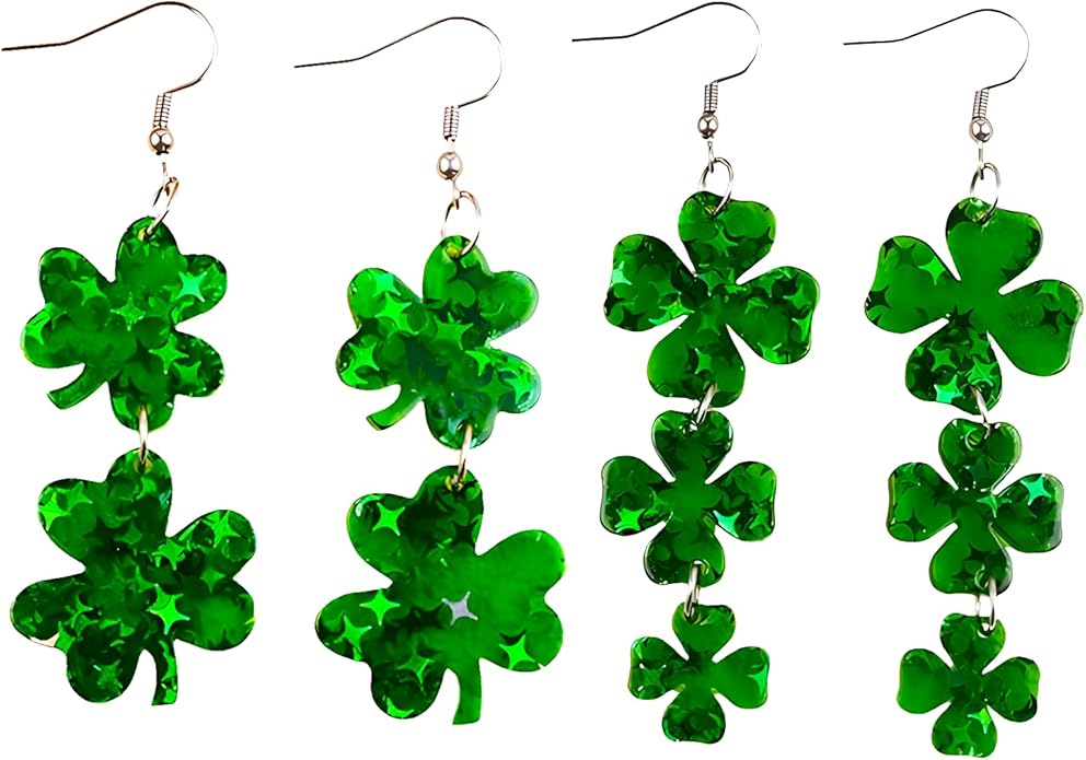 St. Patrick's Day Earrings for Women, 2 Pairs Shamrock Dangle Earrings, Irish Festival Jewelry for St Patrick's Day Outfit...