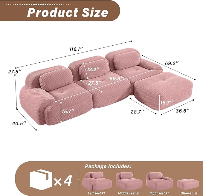 SoarFlash 117" Modern L-Shaped Modular Sectional Sofa for Living Room, Corduroy Upholstery Oversized 3-Seater Couch with Deep Seat and Movable Ottoman-No Assembly, Pink