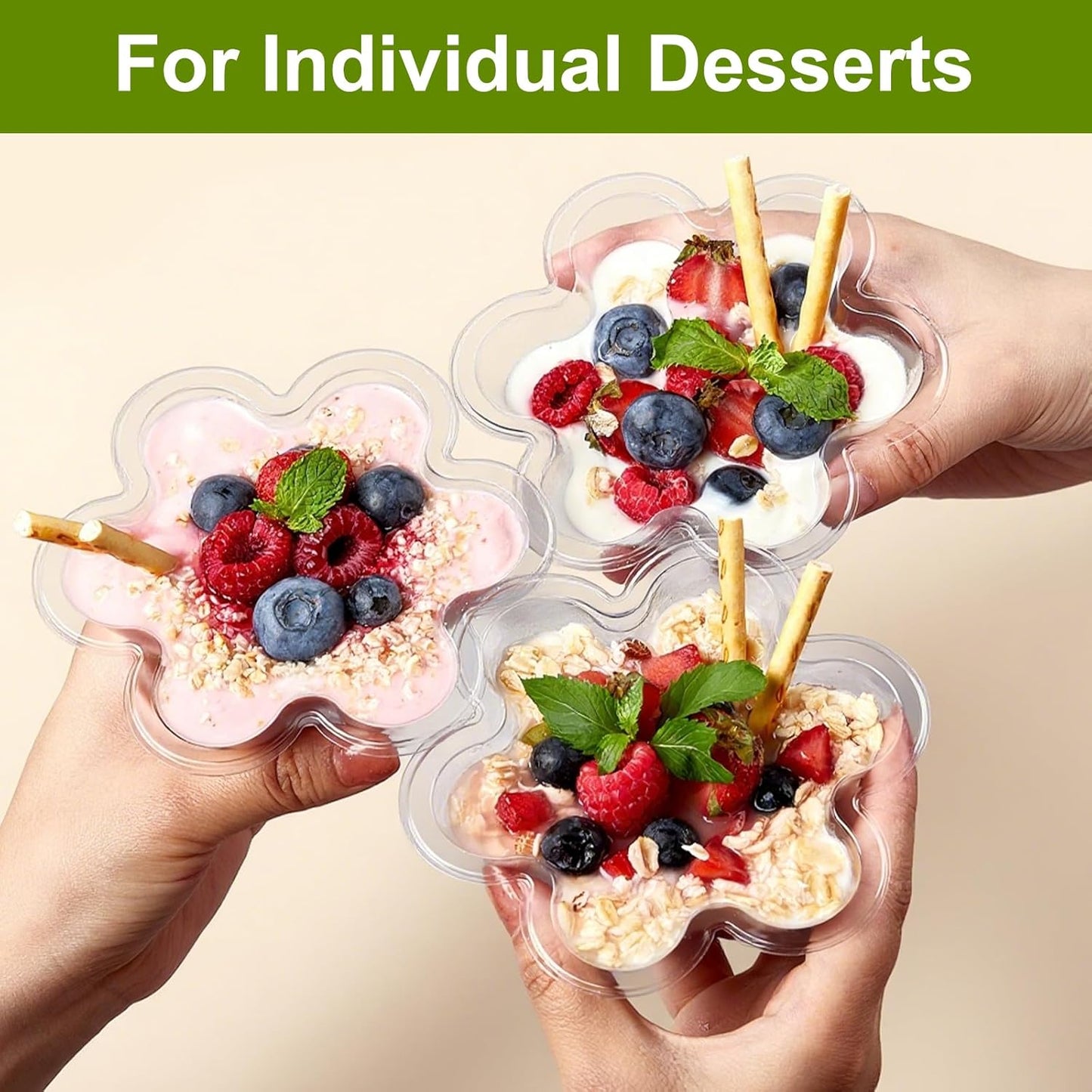Qeirudu 8 oz Dessert Cups with Spoons, 100 Pack Flower Shaped Ice Cream Bowls Plastic Party Serving Bowls for Sundae, Parfait, Fruit, Snack, Acai Bowls