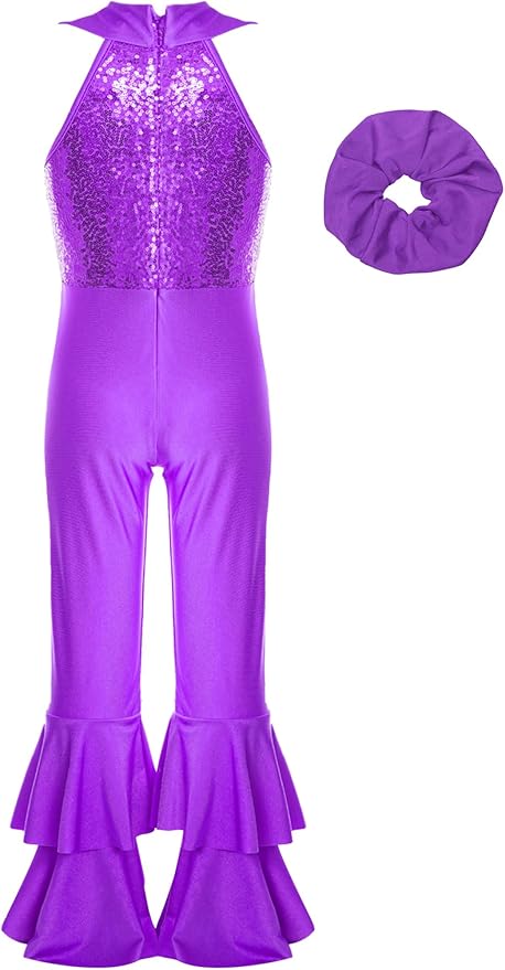 Sinleey Kids Girls Sequin Sleeveless Leotard Jumpsuit with Hairband Sparkly Disco Romper Jazz Dance Performance Outfit