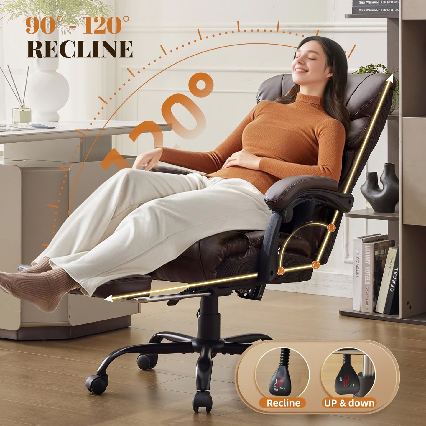 Garvee Comfortable Office Desk Chair 500 LBS, Big and Tall Office Chairs with Footrest,90-155°Recline Executive Leather Gaming Chair for Heavy People, Long Hours,Coffee