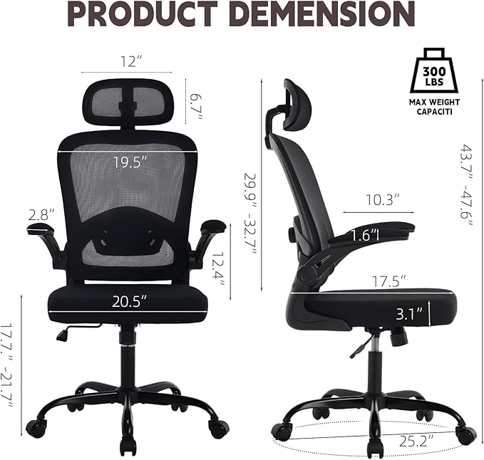 Rishtivin Ergonomic Office Chair with 3D Adjustable Lumbar Support, Mesh High Back, 75° Rotating Headrest, Rocking Function, 300lbs Capacity, Black/White (Black)