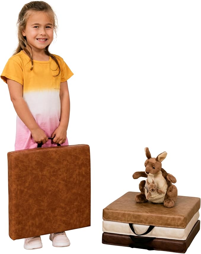 Factory Direct Partners Rustic Kid 15 inch Square Floor Cushions with Handles, Distressed Faux Leather, Flexible Seating for Home, Playroom, Montessori, Daycare, Classroom (4-Piece), 12227-DA