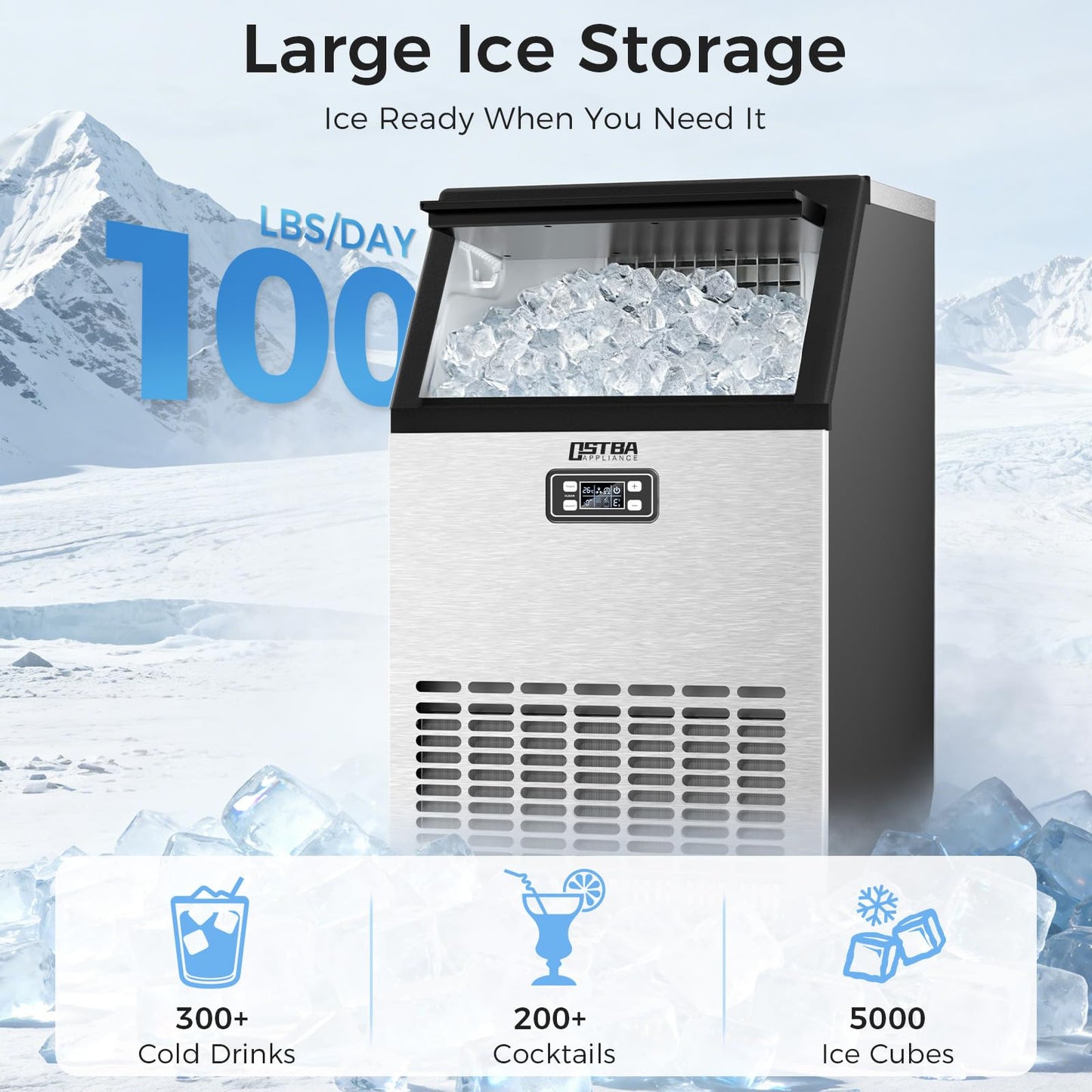 OSTBA Commercial Ice Maker Machine 120LBS/24H, Under Counter Ice Machine with 36LB Storage Bin, Self-Cleaning Stainless Steel Ice Maker, Automatic Ice Maker with LCD Display for Bar Restaurant Office