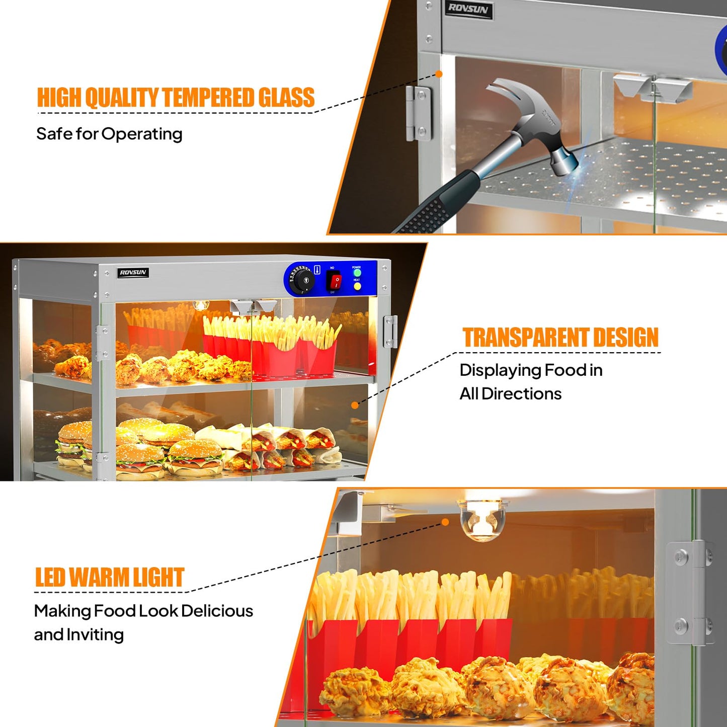 ROVSUN 3-Tier Commercial Food Warmer, Pizza Warmer Food Warmer Display with LED Lighting Removable Shelves Glass Door, Countertop Electric Food Warmer for Buffet Restaurant 110V 800W