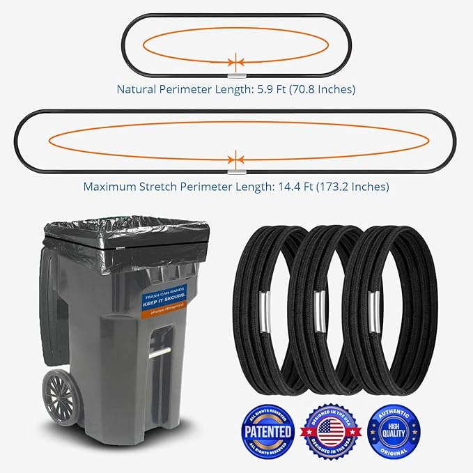 Large Rubber Bands for Garbage Can Set of 3, Fits 55, 65, 96 Gallon Trash Cans, Hongmed Trash Can Rubber Bands Durable for Kitchen Trash Bags, Heavy Duty Moving Bands in Black.