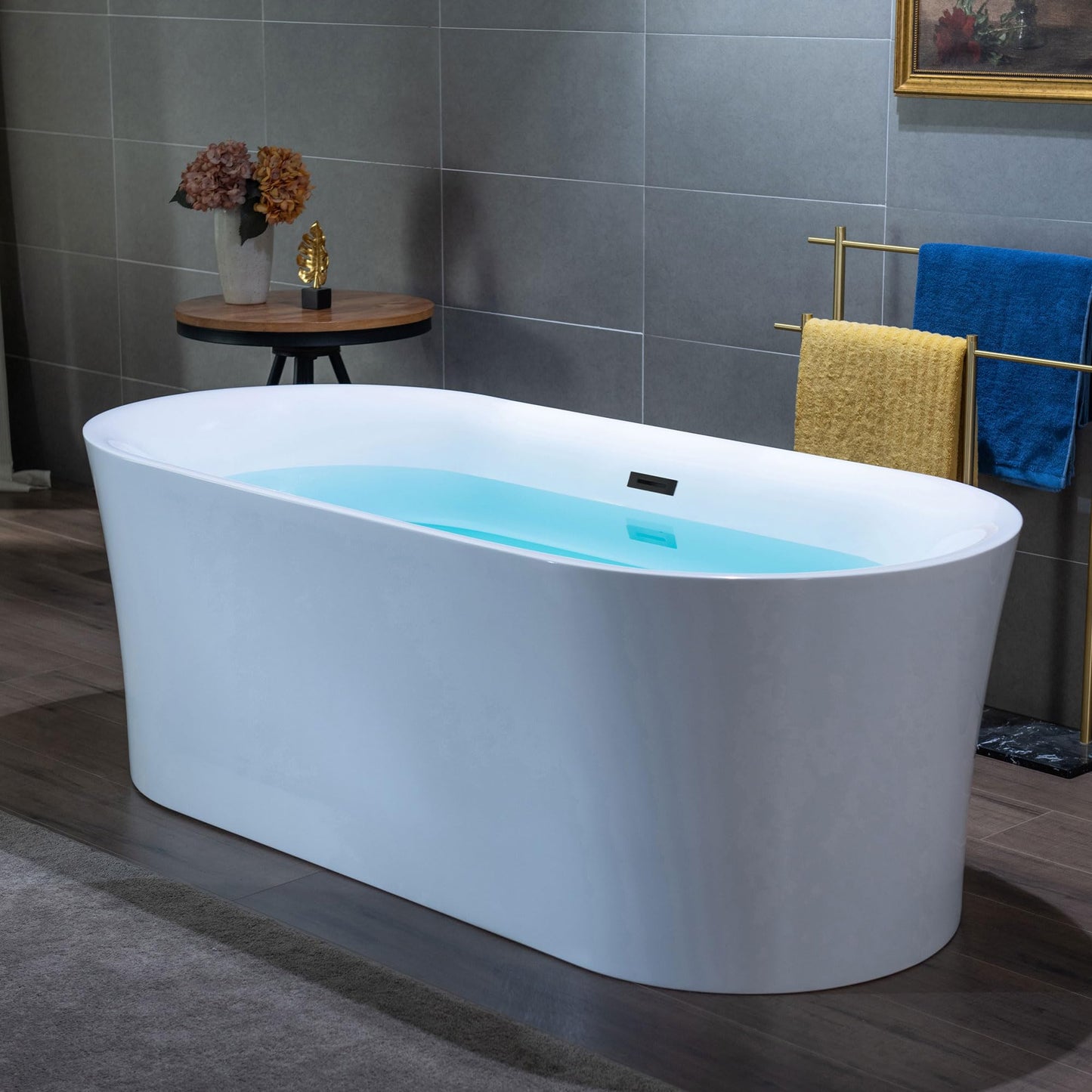 WOODBRIDGE 67" Acrylic Freestanding Bathtub Contemporary Soaking Tub with Matte Black Overflow and Drain,White Tub