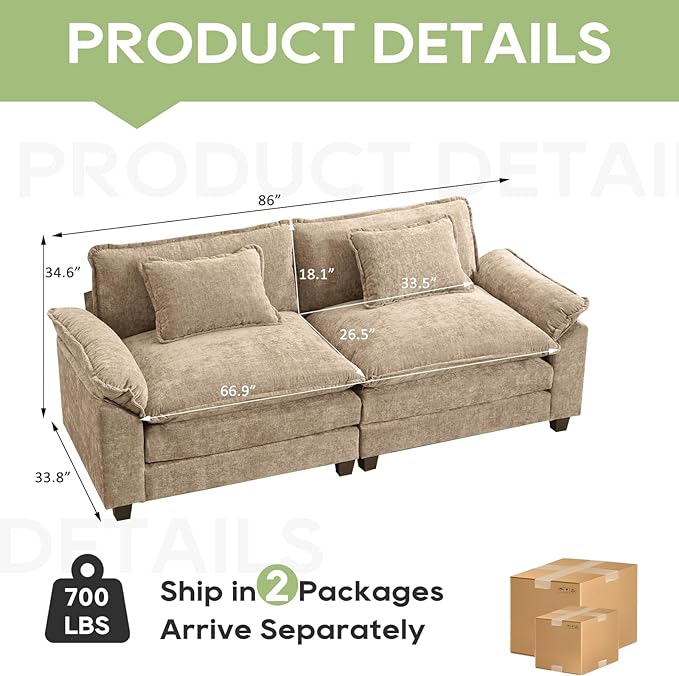 Oprisen 86" Modular Sectional Sofa, Comfy Cloud Couch Sectional Sofa, Chenille Sofa Sleeper Deep Seat Sofa with Throw Pillows for Living Room (Khaki, 86"- Loveseat)
