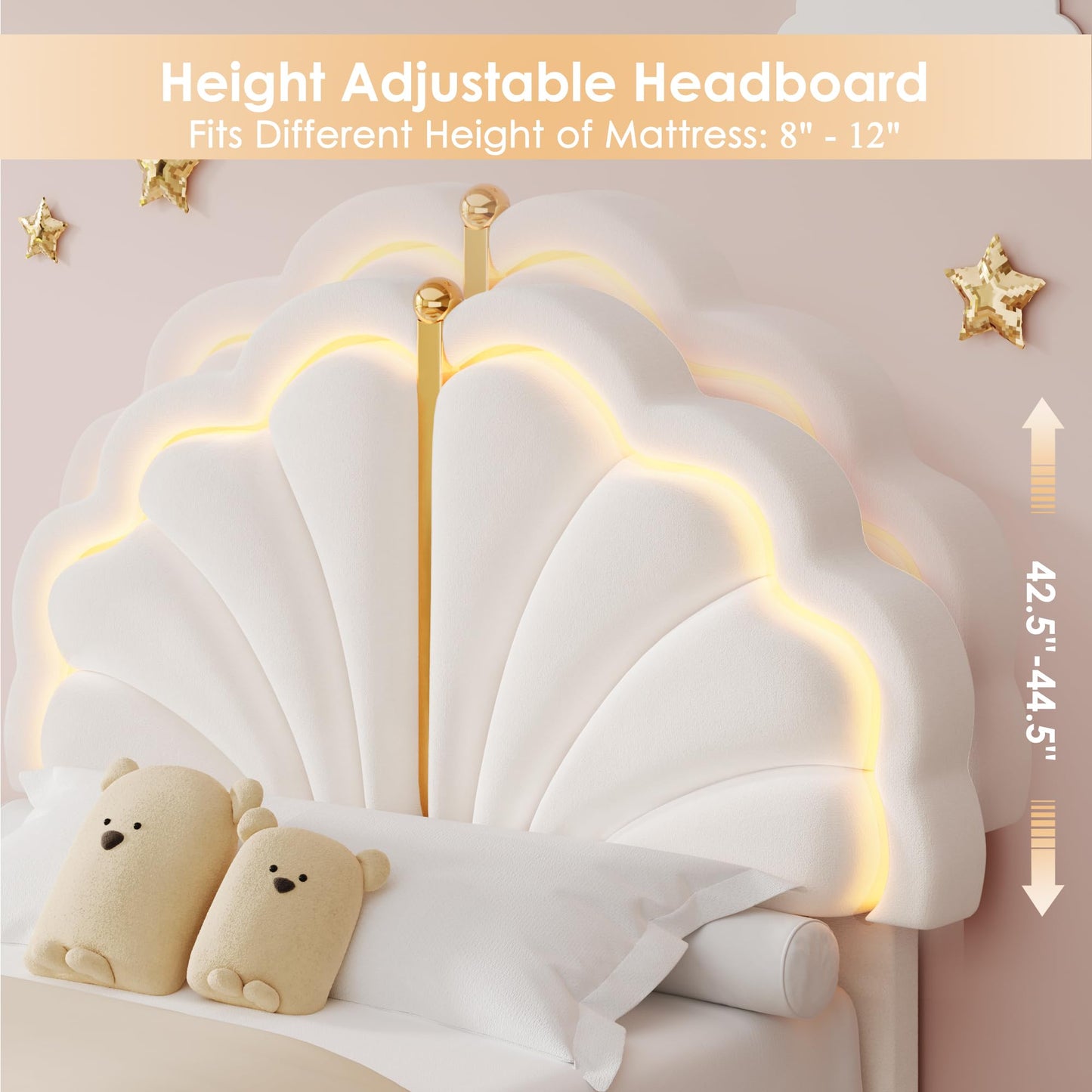 Keyluv Twin Upholstered LED Bed Frame with Storage Drawers, Soft Velvet Princess Platform Bed with Adjustable Cute Shell Headboard, No Box Spring Needed, Noise-Free, Beige