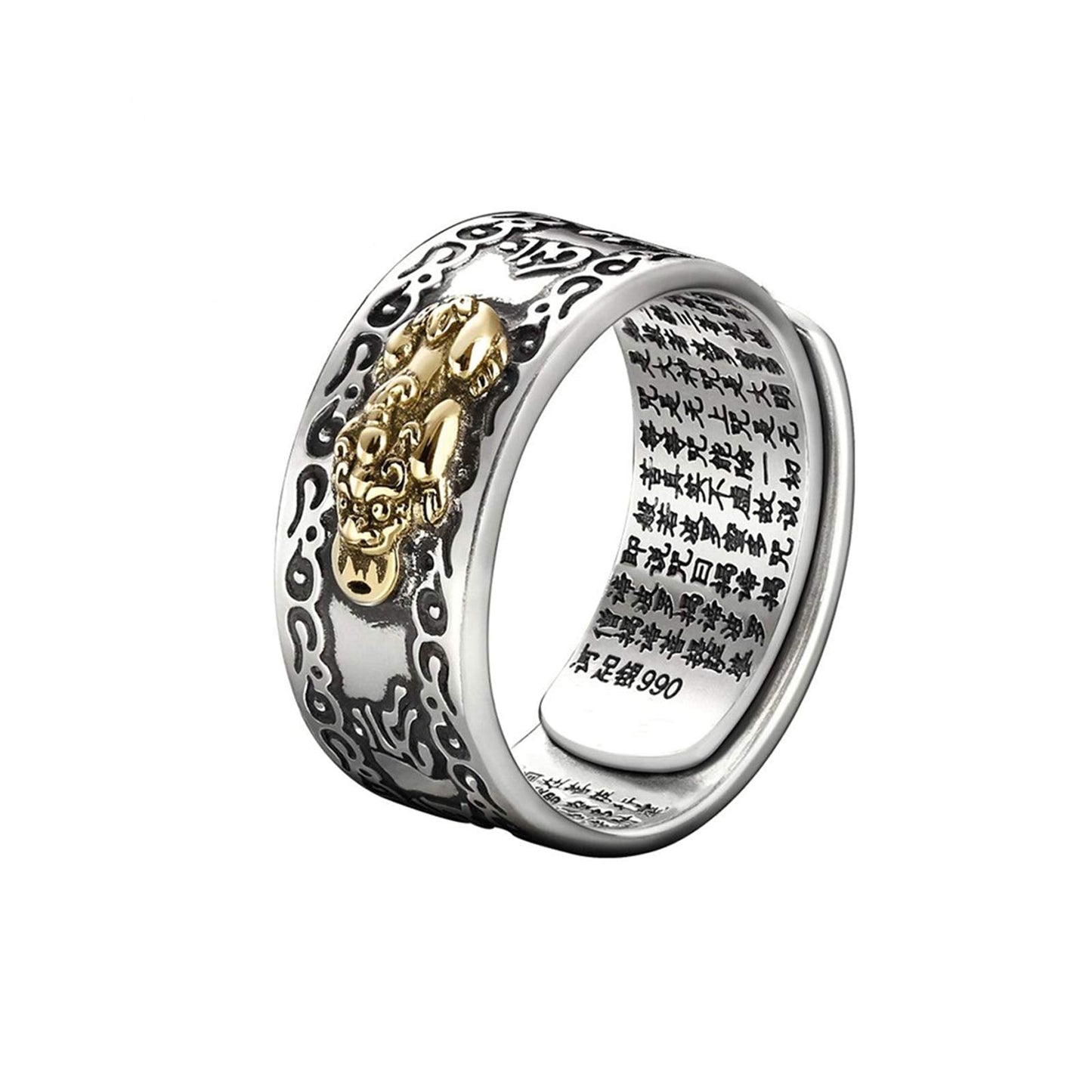 Feng Shui PiXiu Mantra Protection Wealth Ring Amult Pi Xiu Adjustable Ring for Men Women Father's Day Mother's Day (Golden Pi Xi
