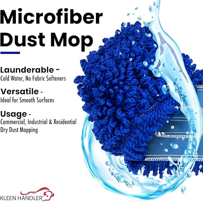 KLEEN HANDLER 36 Inch Microfiber Dust Mop Bulk Pack of 12, Large Washable Commercial Mop Head Replacement, Sweeper, Janitorial Supplies, Blue