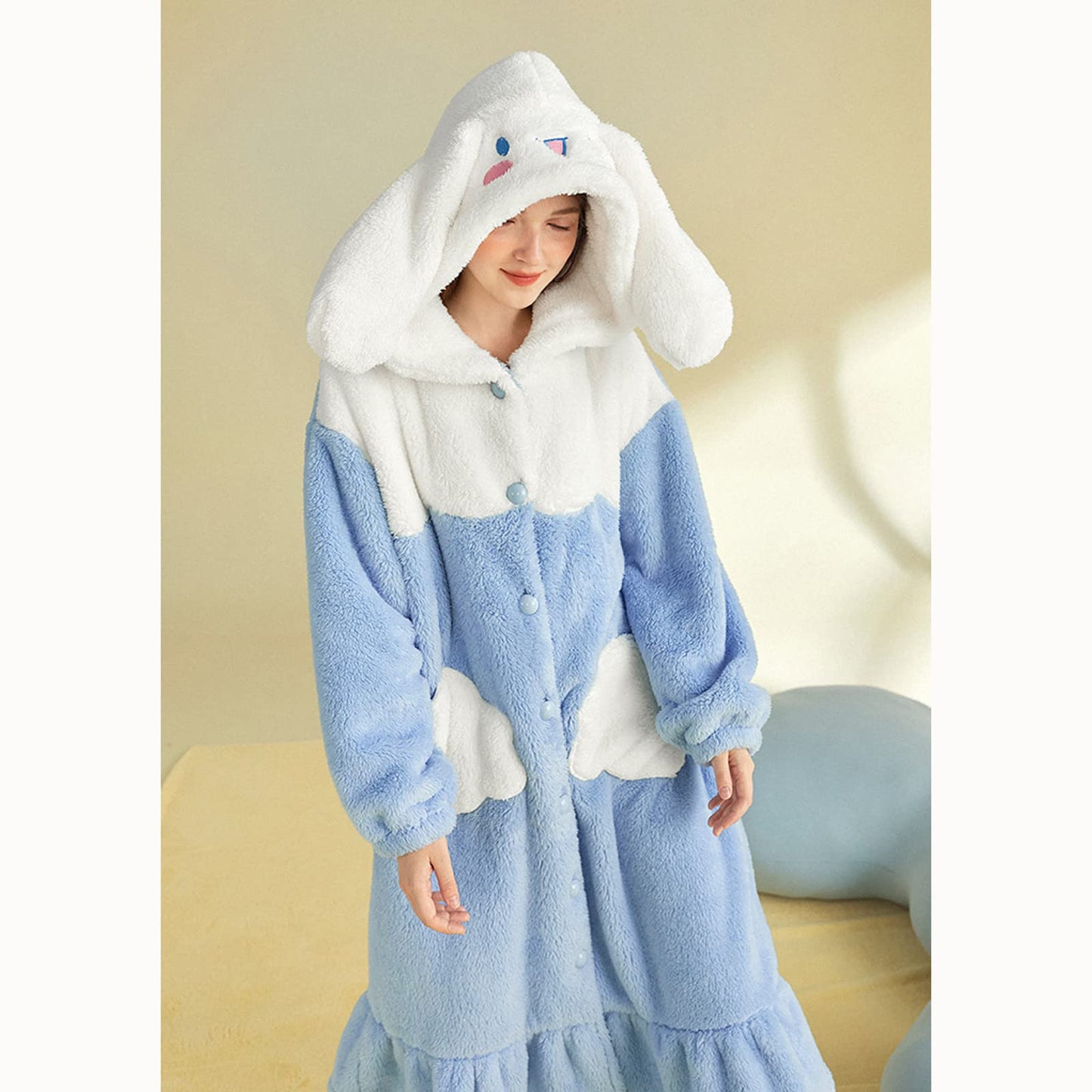 MEOKIM Women's robe button bathrobe Women's hoodie coat plush warm pajamas Long sleepwear with cute pattern pocket pajamas (Cloud Dog,Medium)