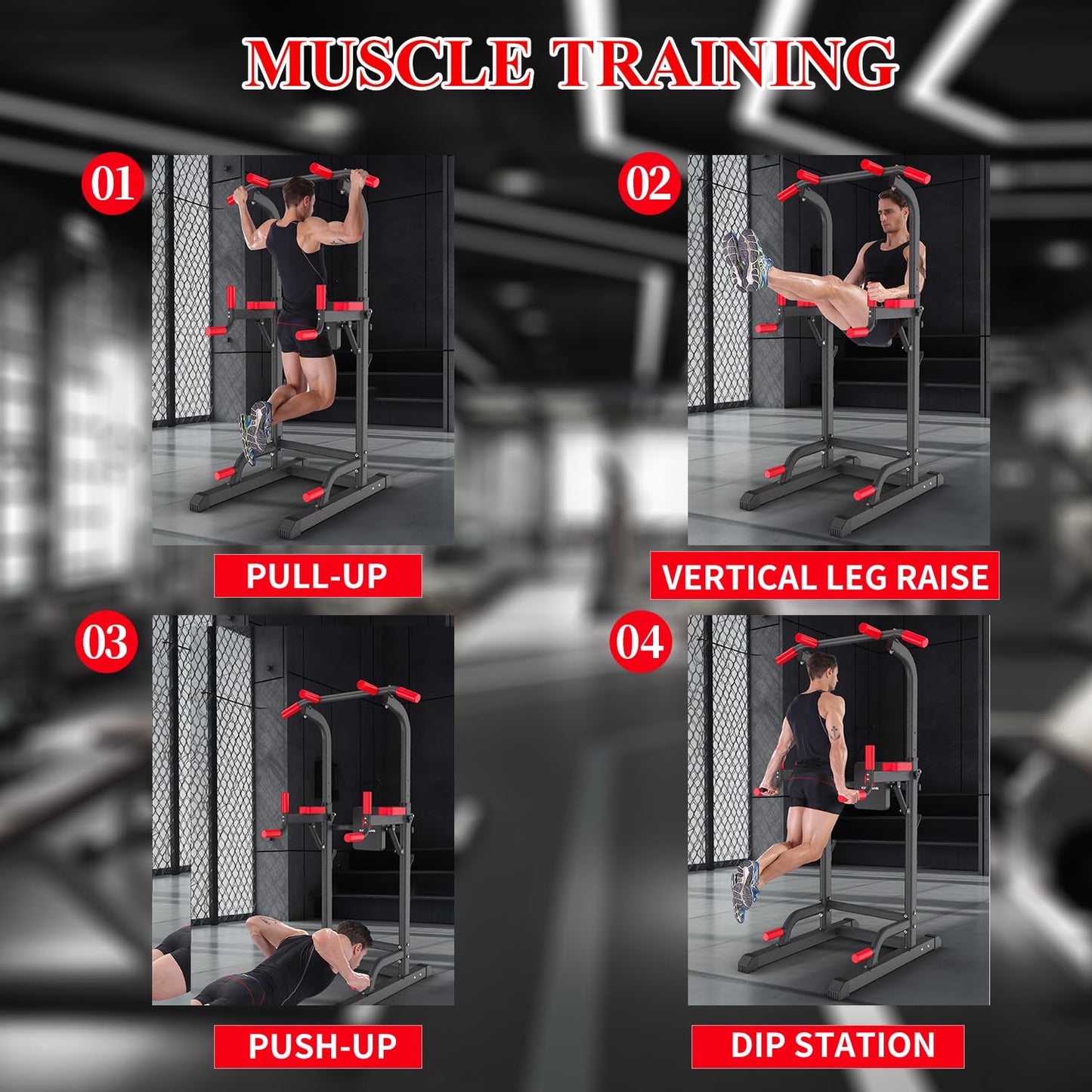 Power Tower Dip Station, Pull Up Bar Station & Multi-Function Gym Equipment For Home Strength Training Adujustable Height Up to 85.5",Load 400LBS