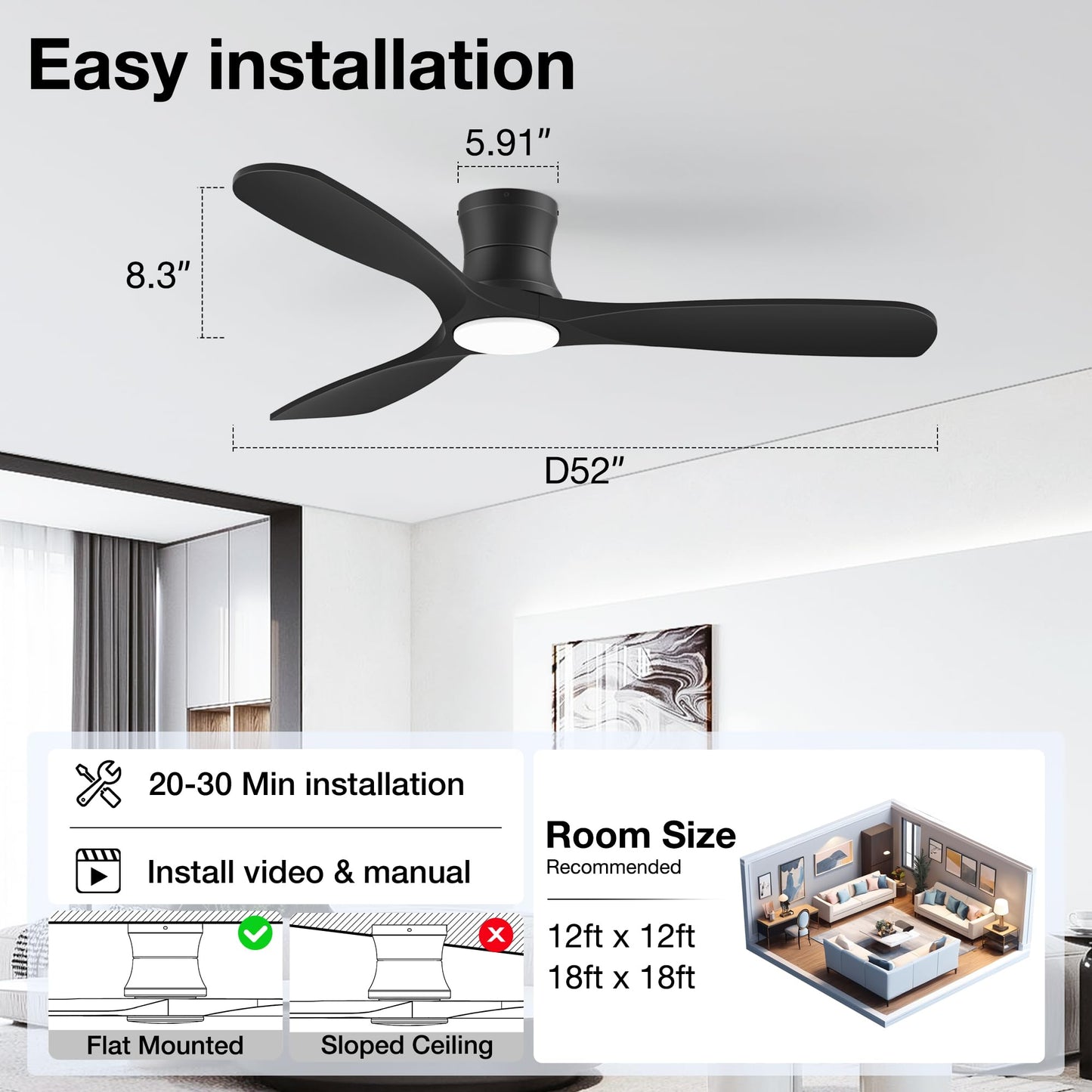 52” Smart Low Profile Ceiling Fans with Lights Remote,Wood Flush Mount Modern Ceiling Fan for Bedroom Living Room Patio,WIFI Alexa App Control,Outdoor Indoor Use,Matte Black,Ultra-Quiet,Dimmable LED
