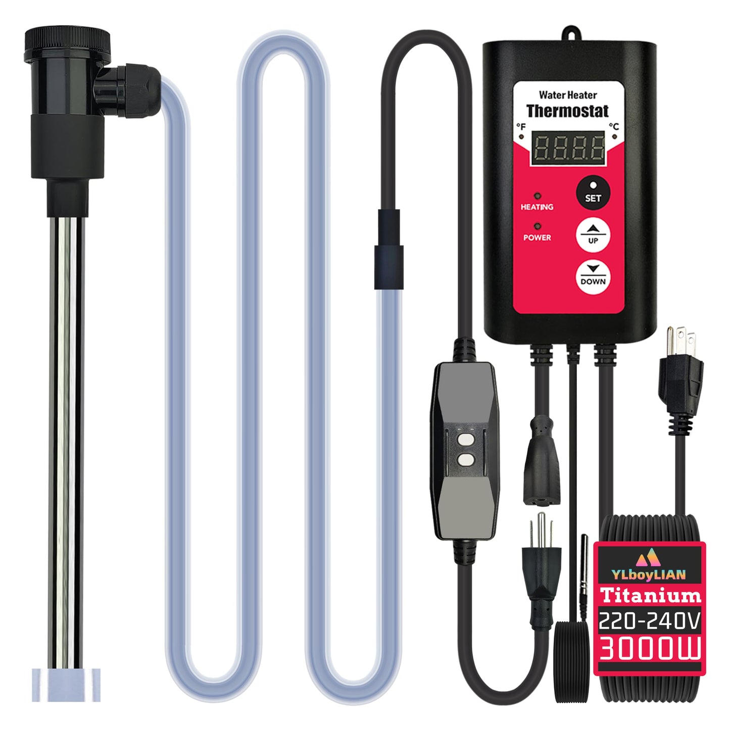 YLboyLIAN 240V 3000W Titanium Immersion Pool & Bathtub Water Heater Portable Electric Submersible Heater with Thermostat & GFCI for baptismal, Inflatable Pool, Above Ground Pool, Baptistry & Hot Tub