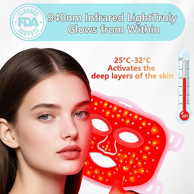Red Light for Face,Red Light Mask For Face And Neck Women,25°C-32°C Heated Infrared Face Mask,Anti-Aging Infrared,LED 940nm IR