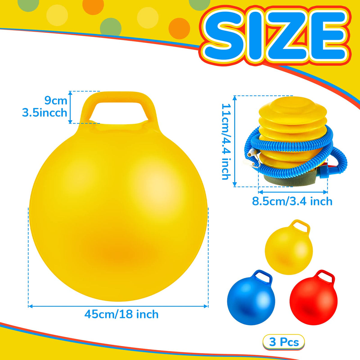 Lewtemi 3 Pcs 18 Inch Hopper Ball Large Jumping Bouncy Balls with Handles Kids Round Ball with Air Pump Bouncing Balls Hopping Toys for 6 Years Old and Above Children Boy Girl(Yellow, Blue, Red)