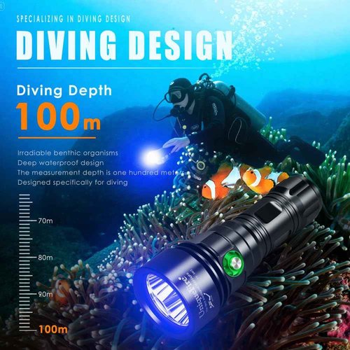 UniqueFire D03 Scuba Dive 365nm UV Black Light 3LEDs High Power Super Bright Underwater Diving UV Flashlight Rechargeable with 3 Modes Night Dive Torch 100 Meters Submersible Light