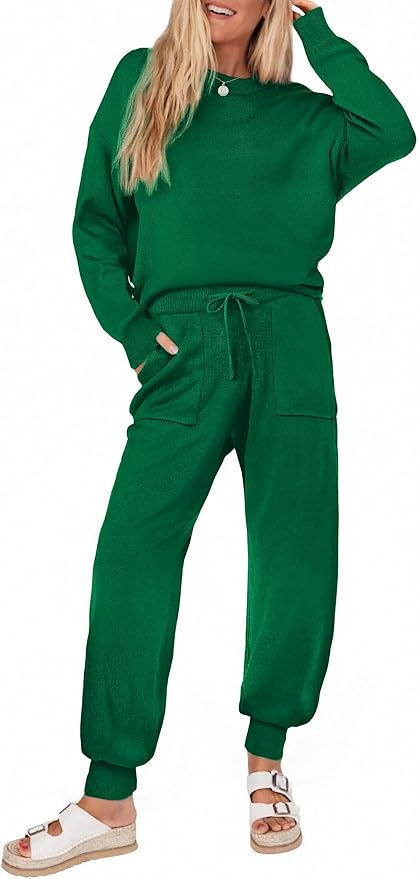 Ekouaer Women's 2 Piece Lounge Set Long Sleeve Knit Pajamas Sweatsuit Jogger Pant Outfits With Pockets S-XXL