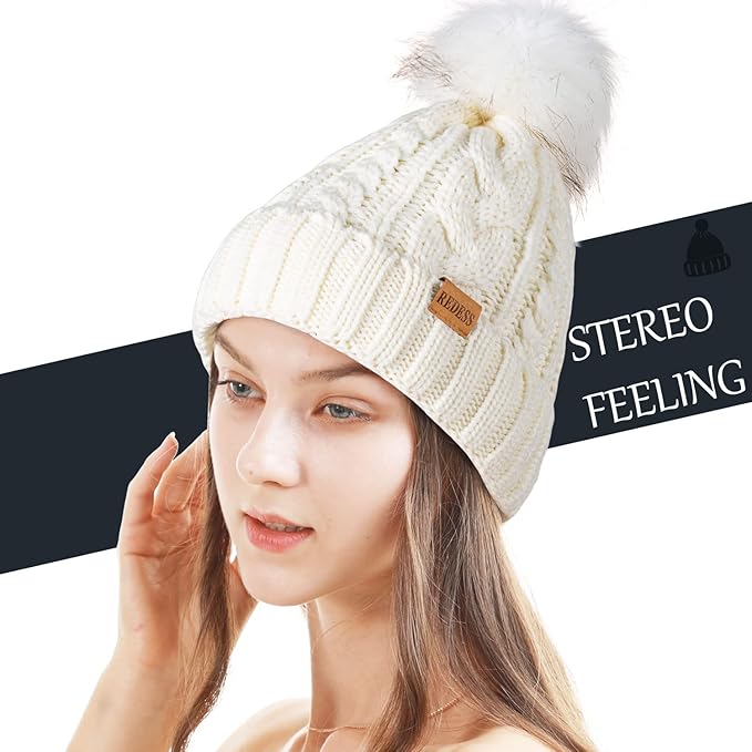 REDESS Women Winter Pompom Beanie Hat with Warm Fleece Lined, Thick Slouchy Snow Knit Skull Ski Cap