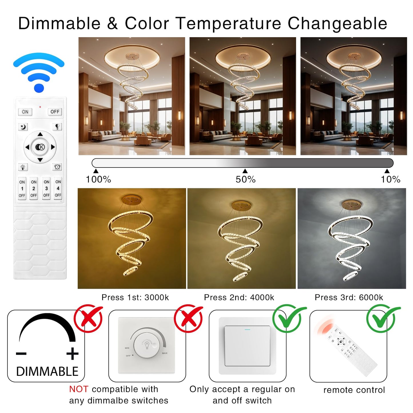 KKMYWAN Modern Crystal Chandelier Dimmable 5 Rings LED Gold Chandelier Linear Chandelier Dining Room Light Fixture with Remote for Entryway, Bedroom,Living Room and Foyer