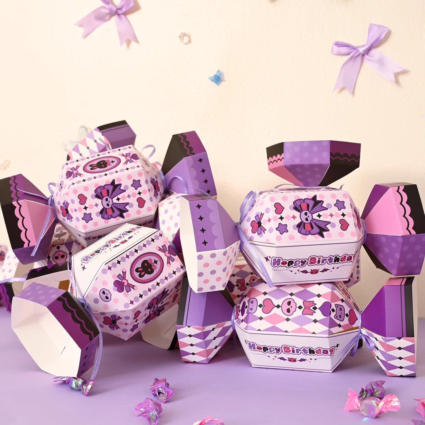 Bupelo Gothic Kawaii Birthday Decorations, 12Pcs Cartoon Party Candy Bags Treat Bags - Cute Skull & Bow Design, Light Purple Paper Party Favor Gift Decors for Girls Kids Birthday, Halloween (8.1x2.7 Inch)