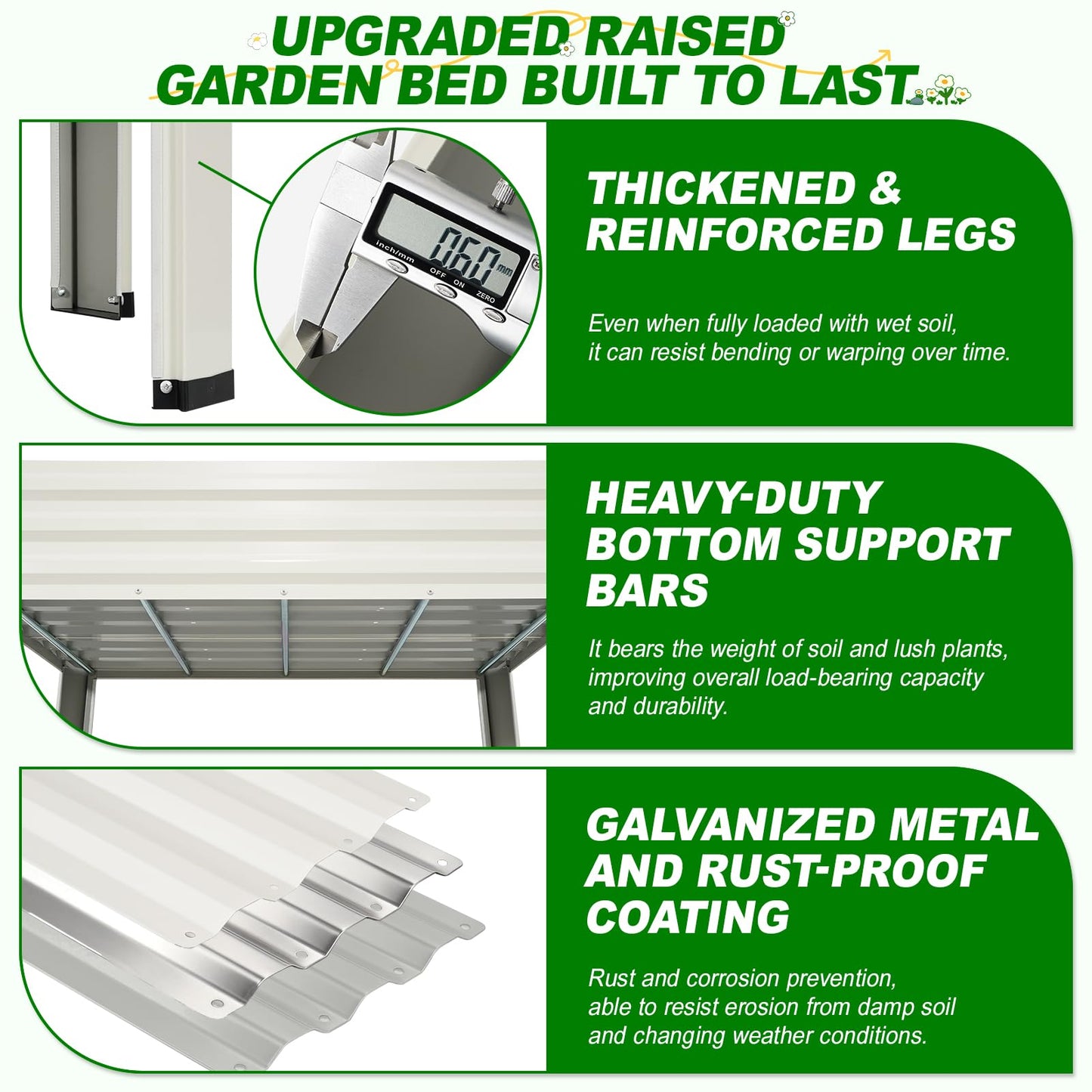 Galvanized Raised Garden Bed with Legs 2 Pack, 48x24x32in Elevated Raised Garden Bed Outdoor with Drainage Holes, Planter Boxes for Gardening Vegetable Flower Fruit in Backyard, Patio, Balcony (White)