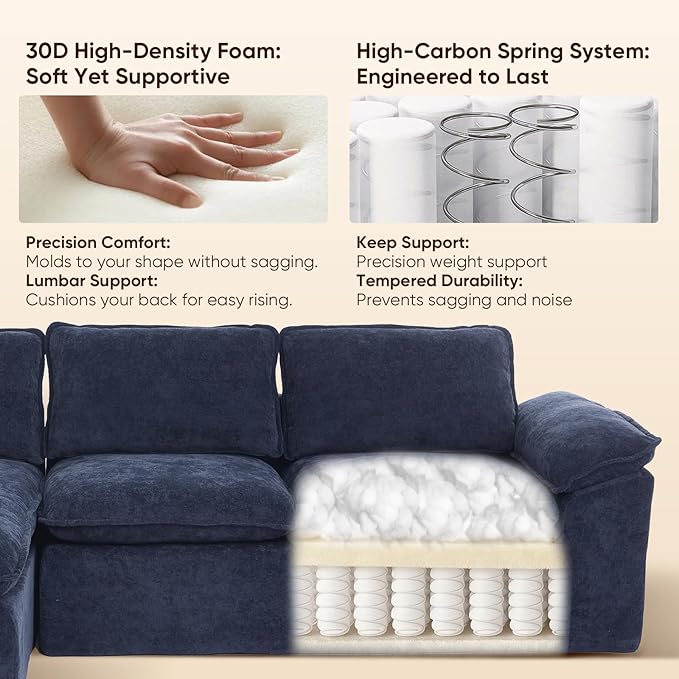 YAAREE 105.6”L Shape Modular Sectional Couch for Living Room, Modern Cloud Sectional 3 Seat Sofa with Oversized Chaise, Woven Texture Upholstery Boneless Couch (Blue, Left Facing Chaise)
